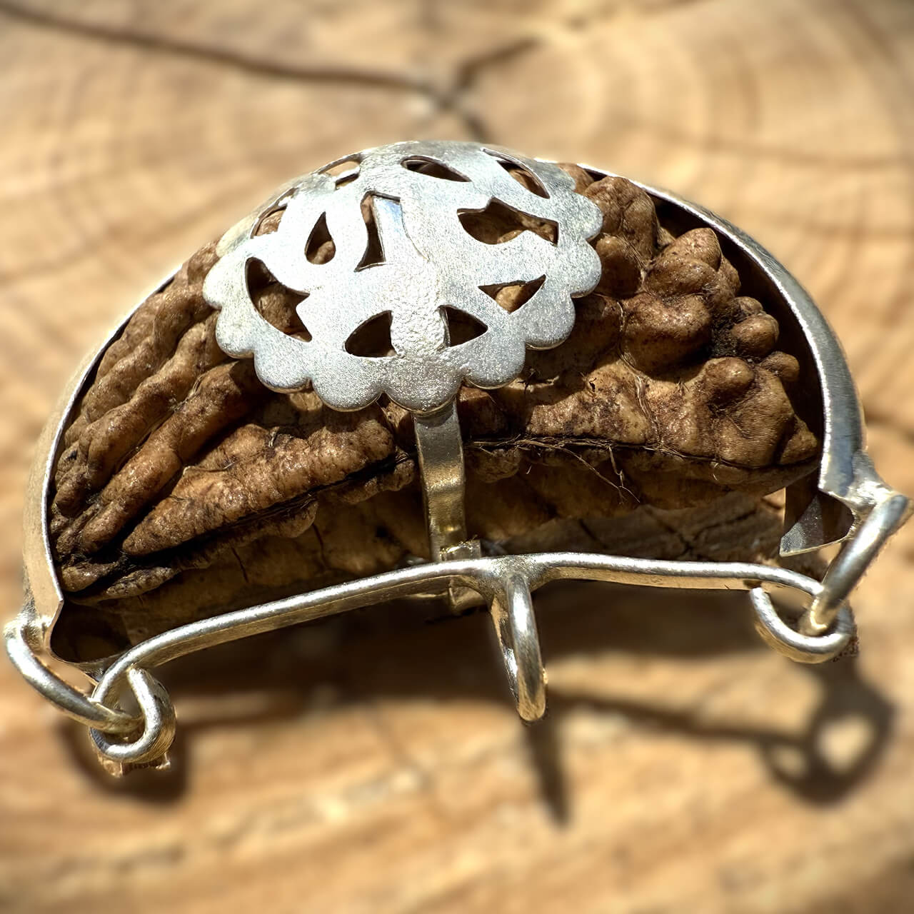 Side view of 1 Mukhi Rudraksha (Kaju Dana) on wooden block with blurred background highlighting its smooth, singular surface