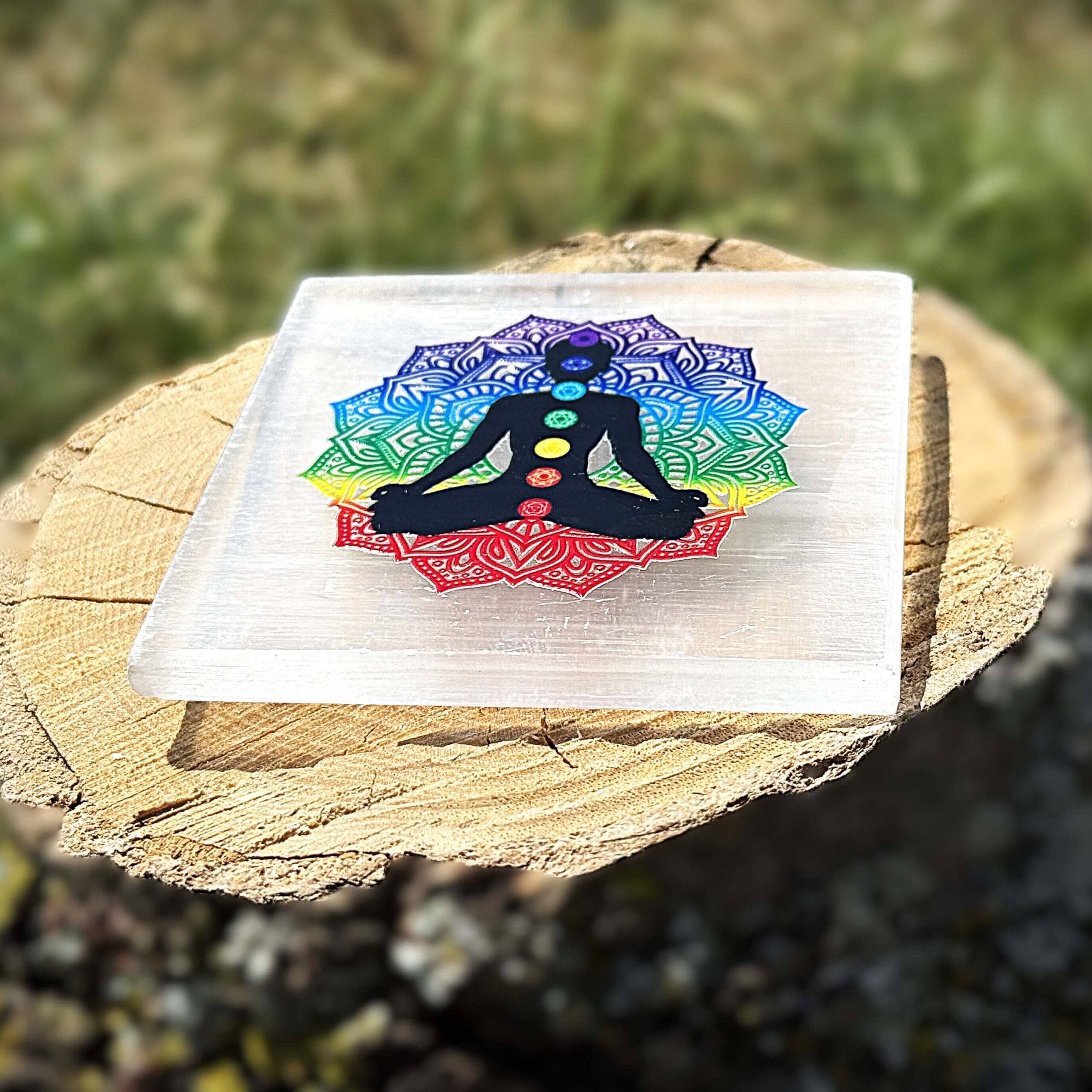 Side view of 7 Chakra Selenite charging plate on wooden block in garden