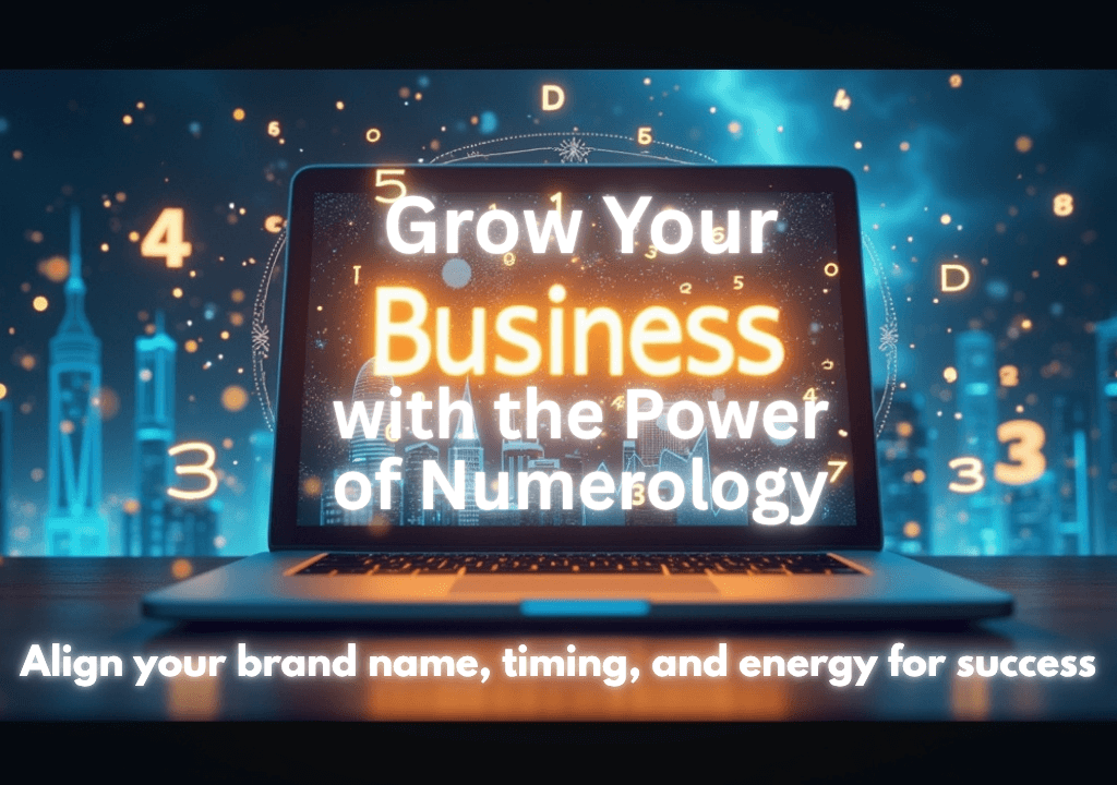 A laptop with the text "Grow Your Business with the Power of Numerology."