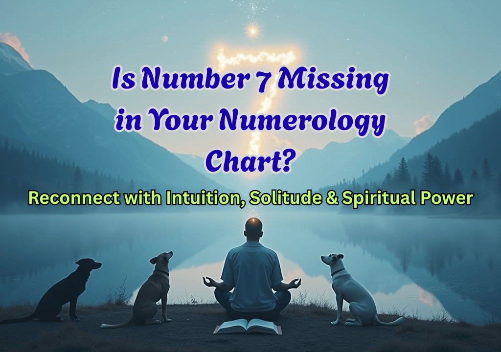 A person meditates by a calm lake with three dogs. Mountains rise behind while a glowing 7 shines above.