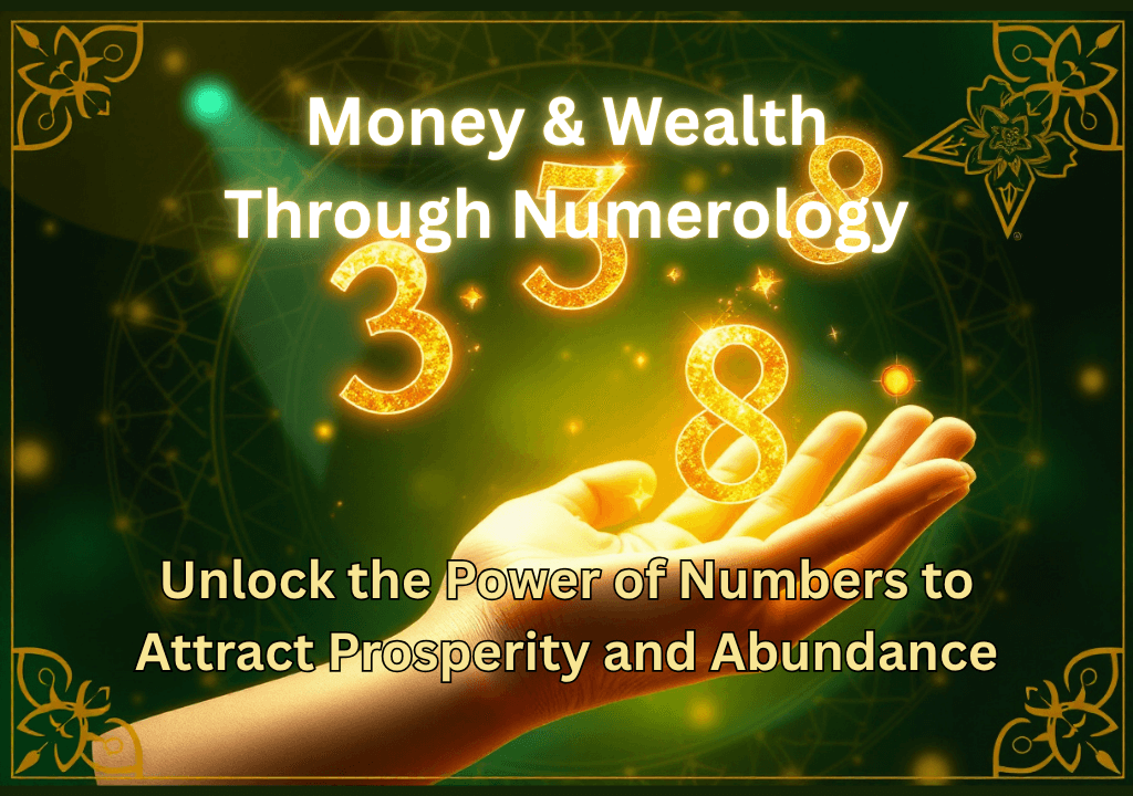 A raised hand reaches for golden numbers 3, 5, and 8 glowing above on a green patterned background.