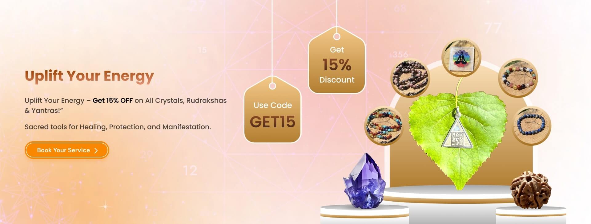 Homepage banner displaying 15% discount on Crystals, Rudrakshas, and Yantras with sacred spiritual tools arranged on platforms