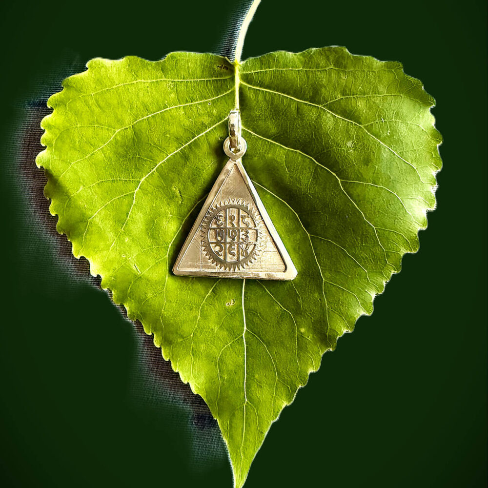 Surya Yantra resting on green leaf with dark green background