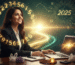 A confident professional woman sits at a desk, smiling and looking up, surrounded by golden glowing numerology numbers (1-9) in a circular pattern. On the desk are an open laptop, crystals, and Rudraksha beads. In the background, a luminous career path stretches into the horizon, with a subtle calendar showing "2025" and cosmic energy lines, all in emerald green, gold, and soft neutrals. The bottom left features "Astro Vastu Ltd" branding.