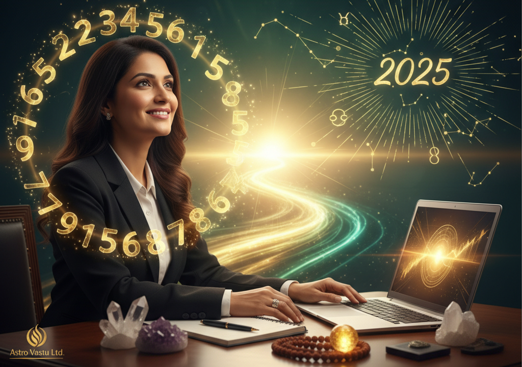 A confident professional woman sits at a desk, smiling and looking up, surrounded by golden glowing numerology numbers (1-9) in a circular pattern. On the desk are an open laptop, crystals, and Rudraksha beads. In the background, a luminous career path stretches into the horizon, with a subtle calendar showing "2025" and cosmic energy lines, all in emerald green, gold, and soft neutrals. The bottom left features "Astro Vastu Ltd" branding.